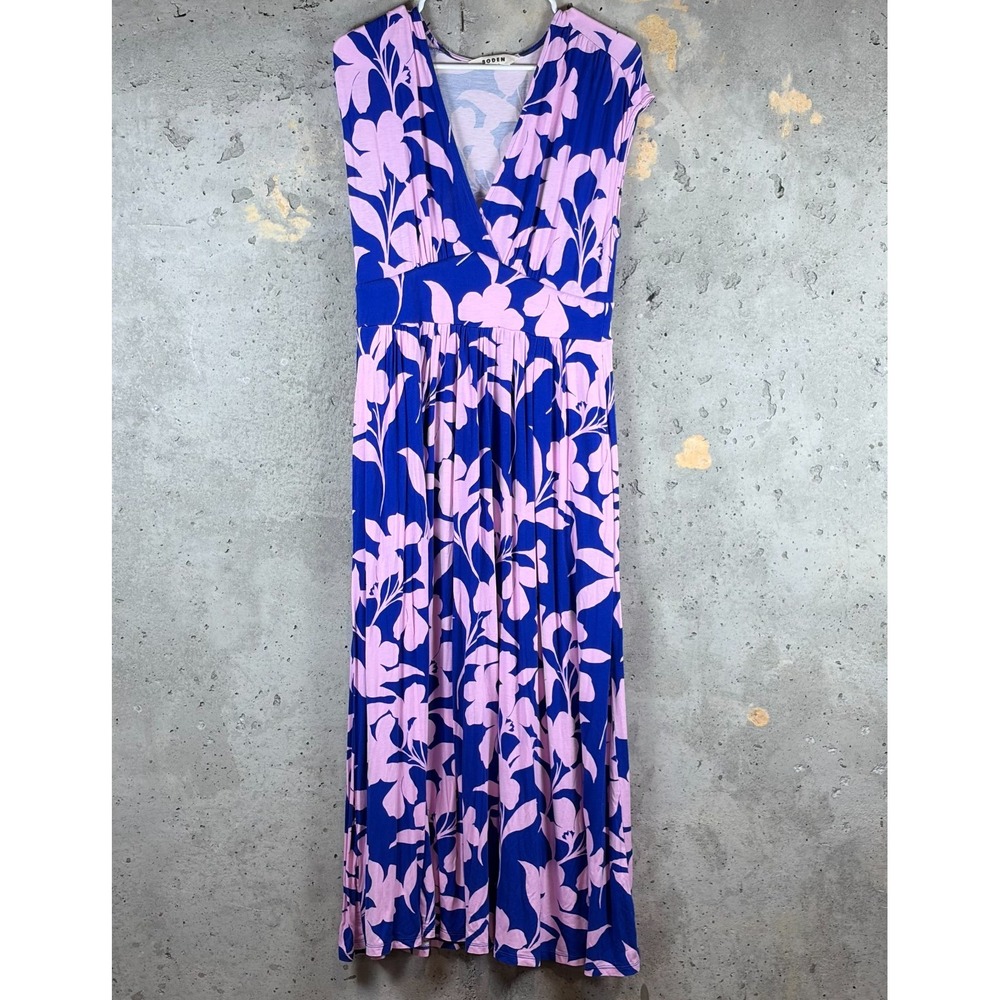 Boden Maxi Dress Womens 8 Blue Pink Floral Pleated V Neck Sleeveless D0867